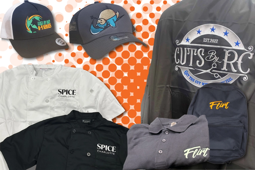 Embroidery machine stitching a detailed logo onto a polo shirt