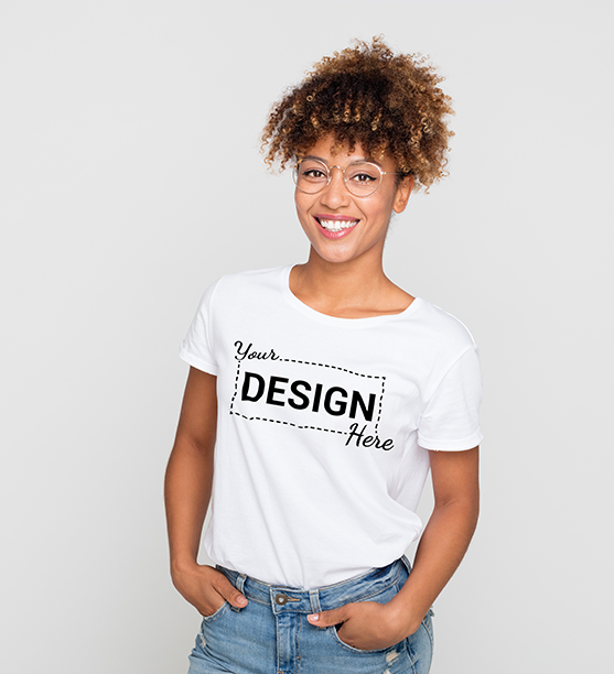 Model wearing a custom printed t-shirt featuring a ‘Your Design Here’ graphic for personalized apparel
